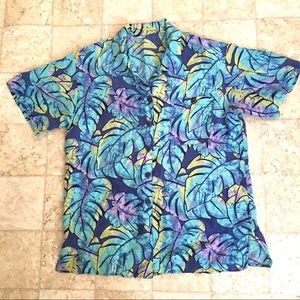 Blue Purple Silk Short Sleeve Shirt Button SzL